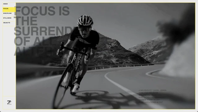 ZNTR’s web experience, with a cycling film behind its typography