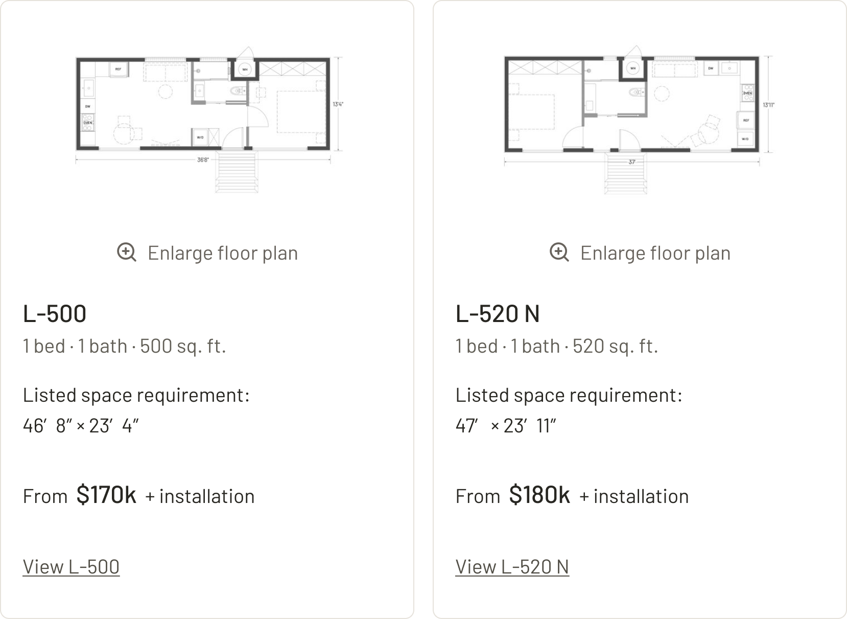 The L-500 and L-520 N comparison cards side by side. Floor plan, model name, beds, baths and area, listed space requirement, and starting price plus installation sit at the same height in both cards.