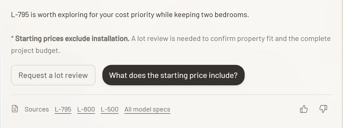 The end of the reply: L-795 is worth exploring for the cost priority, starting prices exclude installation, then Request a lot review and Sources: L-795, L-800, L-500 and All model specs.