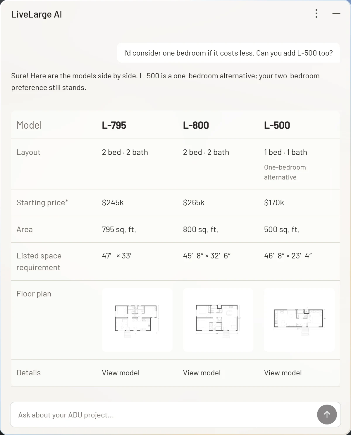 The visitor writes: I’d consider one bedroom if it costs less. Can you add L-500 too? The reply compares L-795, L-800 and L-500 in a table and labels L-500 a one-bedroom alternative.