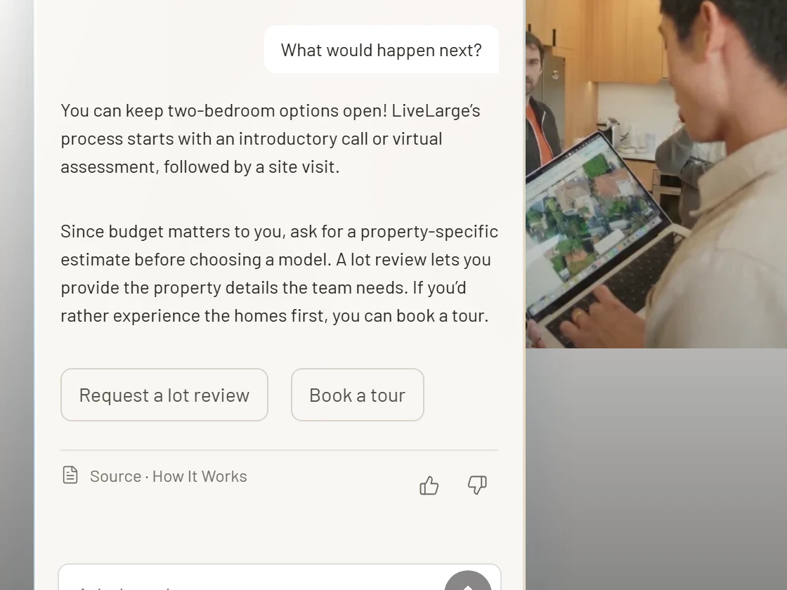 On How It Works, the visitor asks “What would happen next?”; the reply keeps two bedrooms and budget in mind and offers Request a lot review and Book a tour.