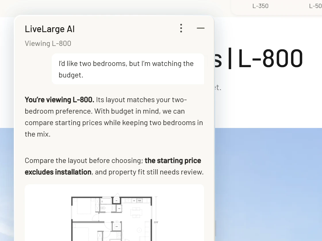 The chat header reads LiveLarge AI, Viewing L-800, beside the L-800 model page.