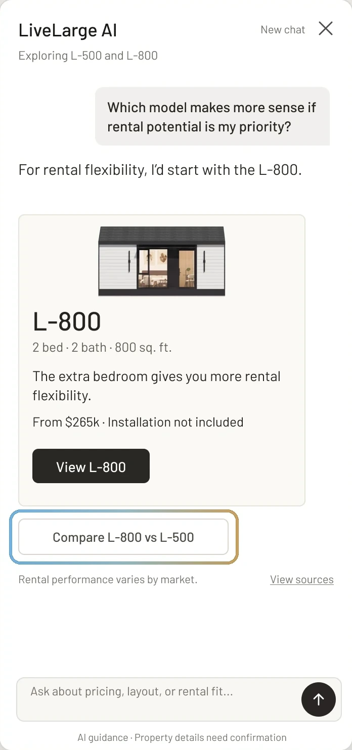 Direction A: the recommendation card with a Compare L-800 vs L-500 button below it, outlined.