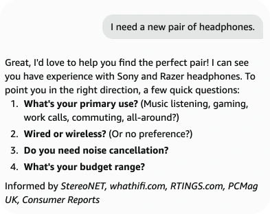 Alexa for Shopping: a vague request answered with four short questions about use, features and budget.