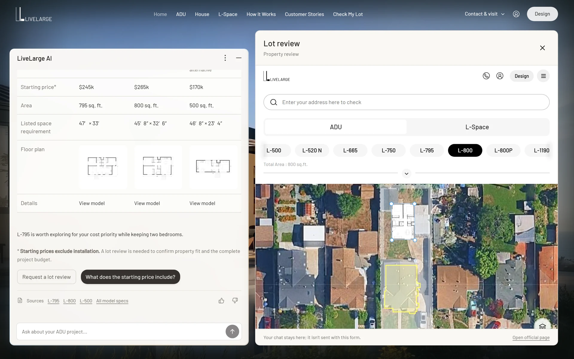 After Request a lot review, LiveLarge’s lot review opens beside the chat. The chat keeps the comparison and its note that a lot review is needed to confirm property fit and the complete project budget.