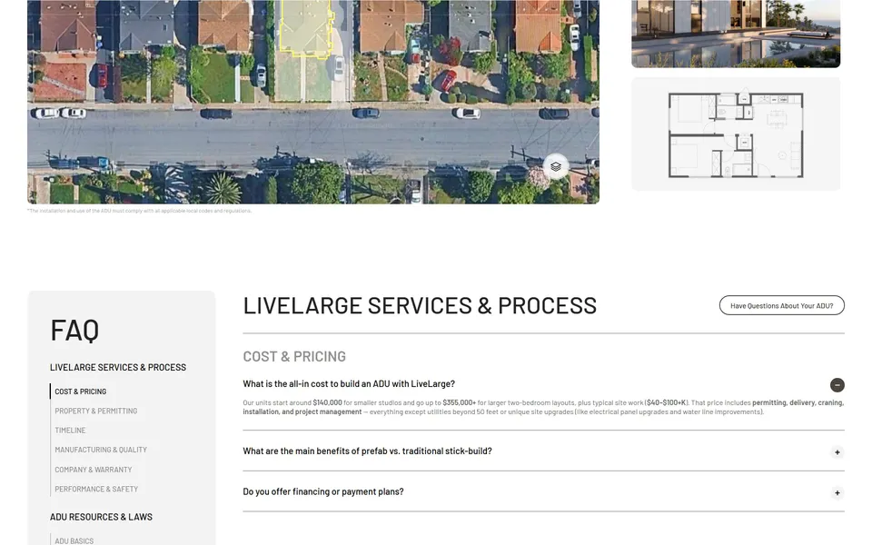 FAQ answering the all-in cost question with a price range and site work costs.