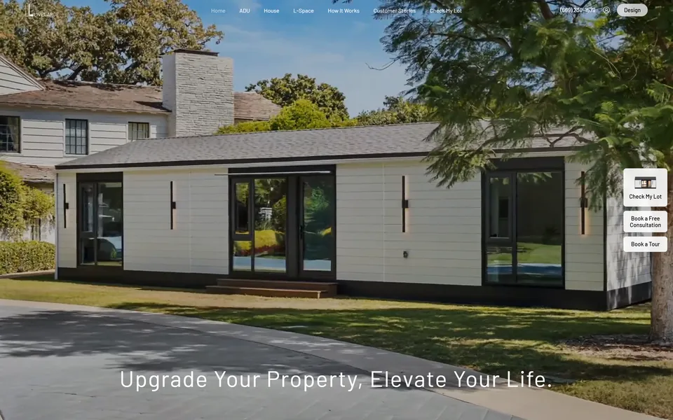 LiveLarge homepage with Check My Lot, Book a Free Consultation and Book a Tour floating at the right edge.