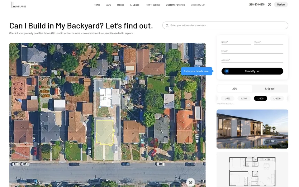 Check My Lot page: address search, aerial map, contact form and model picker.